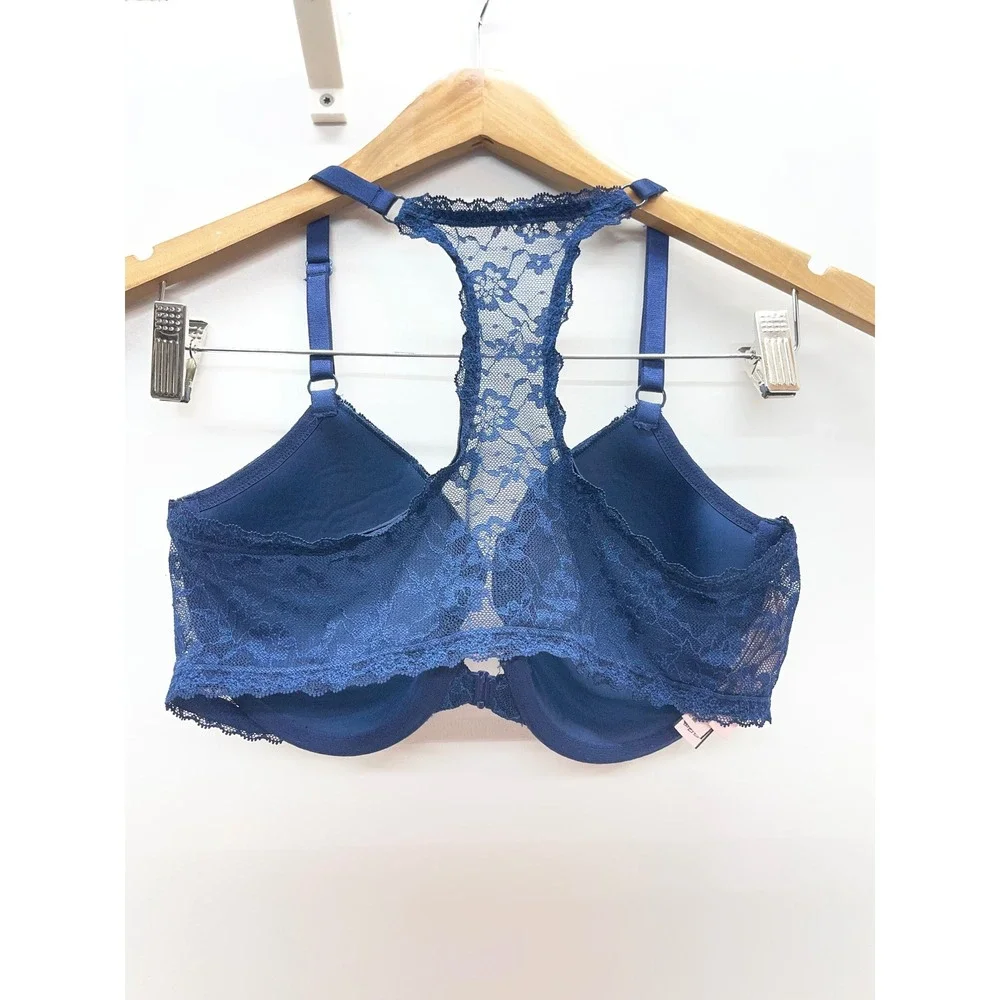 Victorias Secret Navy Blue Floral Lace Racerback Front Close Push Up Bra 34D